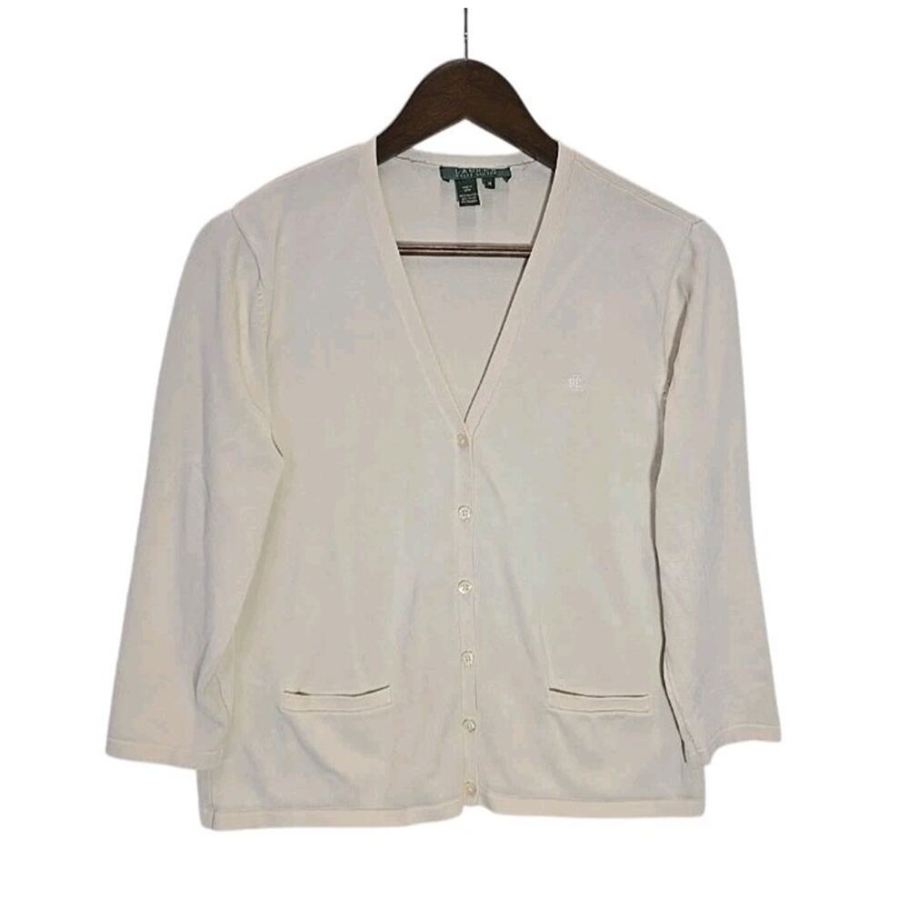 LAUREN Ralph Lauren Silk Blend V-Neck Cardigan Sweater Cream M Old Money Luxury